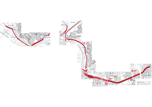 Zuständigkeitsgebiet des Deichverbandes Leverkusen (rot markiert). © Land NRW/Katasterämter (Datenlizenz Deutschland – Zero – Version 2.0)
